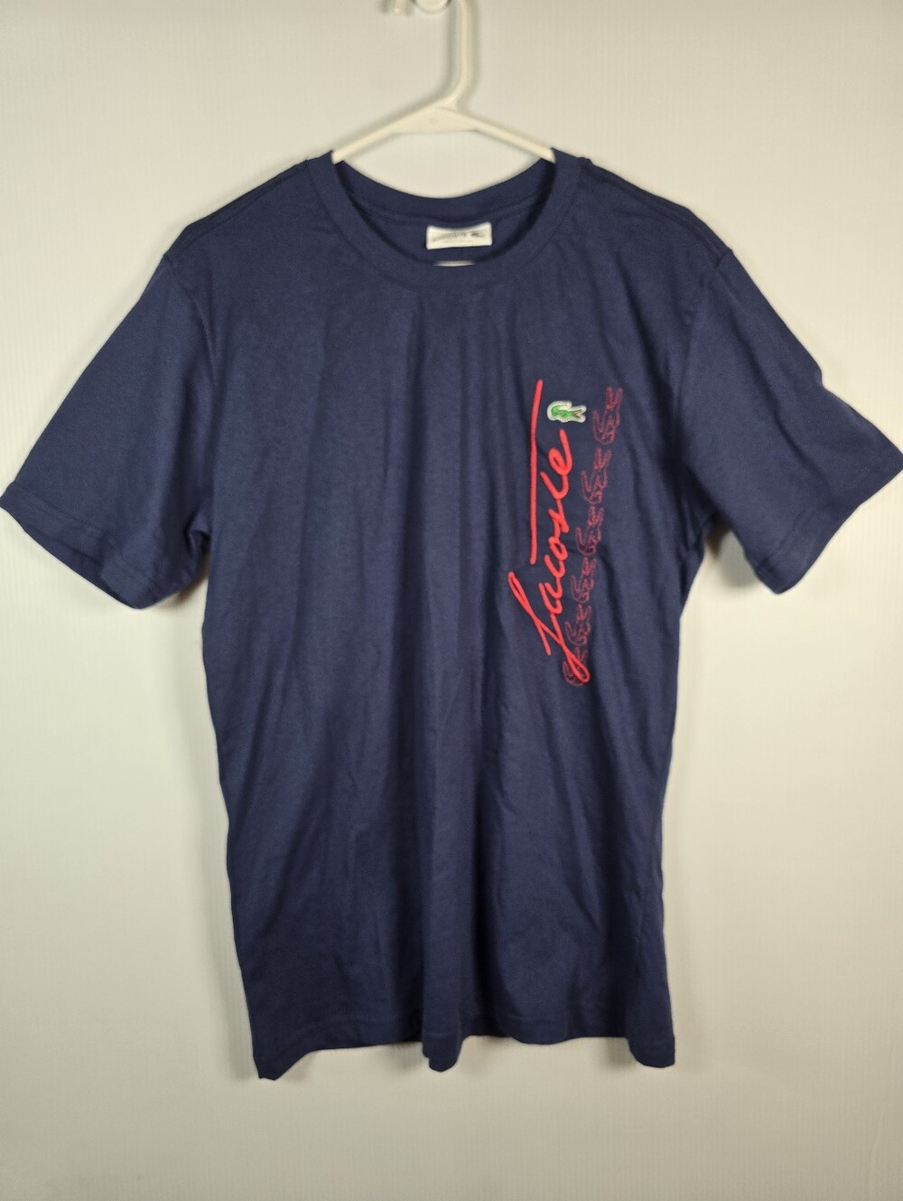NWT Lacoste Mens Navy Short Sleeve Crew with Red Script Down Side Size M